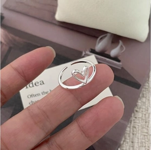 925 Sterling Silver Hollow Heart Open Ring For Women Adjustable 立体爱心 Minimalist Ins Style Smooth Finger Ring Jewelry
