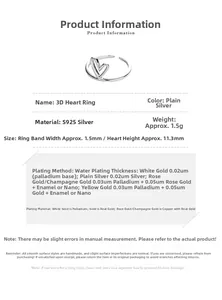 Detailed specifications of S925 sterling silver hollow heart ring showing size and 1.5g weight