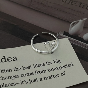 Detail of S925 sterling silver hollow heart ring on a minimalist aesthetic card