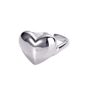 Bague coeur en argent 925 poli avec finition miroir 3D et anneau ouvert ajustable