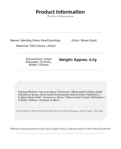 Detailed specifications for S925 sterling silver pearl earrings with size and material info