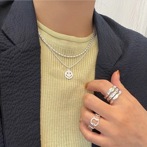 Minimalist S925 sterling silver layered necklace with smiley face charm and silver rings