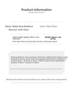 Specifications of S925 sterling silver water drop necklace with 40+6cm adjustable chain length