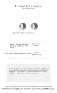 Detailed specs of S925 sterling silver ball earrings with brushed finish and 13.8mm size