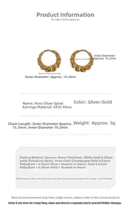 Macro detail of 925 silver twist hoop earrings with size specs and gold plating