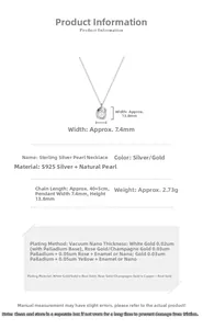 Detailed specs of S925 sterling silver pea necklace with natural pearl and 45cm chain