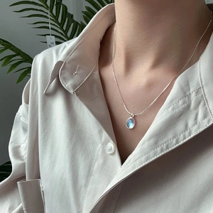 Elegant S925 silver necklace with oval moonstone pendant on thin snake chain for women