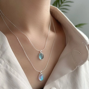 S925 sterling silver moonstone and aquamarine double-layered oval pendant necklace