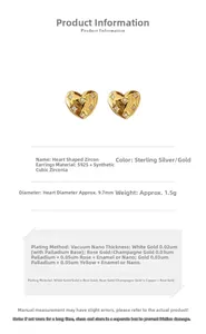 Detail view of gold S925 silver heart studs with zircon and irregular texture, 9.7mm size