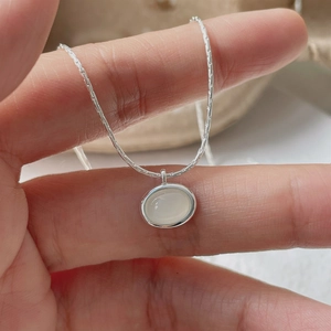 S925 Sterling Silver White Chalcedony Oval Pendant Necklace Minimalist Korean Style Elegant Jewelry For Women Daily Wear