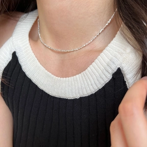 Minimalist S925 sterling silver irregular crushed silver necklace for women on model