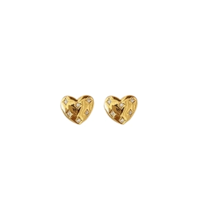 S925 silver gold heart stud earrings with quilted texture and sparkling zircon stones