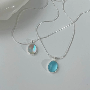 925 Sterling Silver Pendant Necklace For Women Synthetic Moonstone Aquamarine Oval Gemstone Minimalist Snake Chain Jewelry Gift