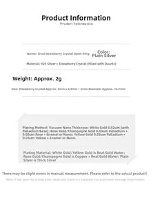 Detailed chart showing 925 silver ring specifications and strawberry quartz dimensions