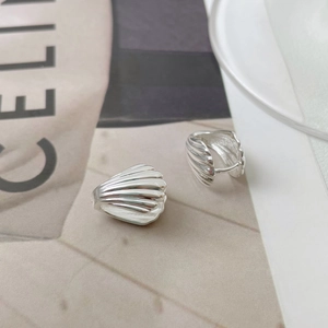 Macro shot of silver shell-shaped earrings with fine radial textures and clasp detail