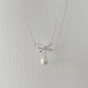 Sweet Bowknot 925 Sterling Silver Necklace With Pink Zircon And White Shell Artificial Pearl Elegant Choker Jewelry For Women Gift