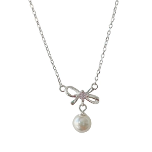 Elegant S925 sterling silver bow necklace with pink gemstone and white pearl pendant