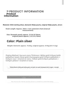 Detailed size chart for S925 sterling silver necklace with pearl diameter and chain specs
