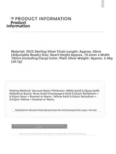 Detailed size and material specification chart for the 925 sterling silver heart necklace