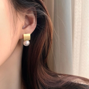 French vintage S925 silver geometric square brushed gold earrings with pearl pendants