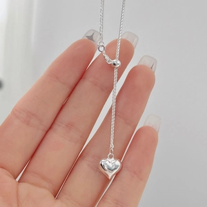 Adjustable sterling silver heart pendant necklace with sliding ball clasp for women