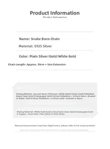 Specifications of S925 sterling silver flat snake chain necklace with 39+5cm length info
