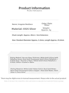 Detail chart of S925 silver irregular bar necklace with technical specifications and size info