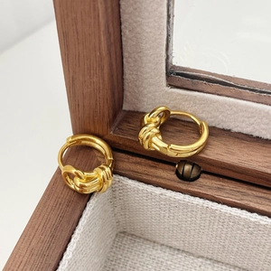 Minimalist double-layered twisted knot S925 silver hoop earrings in golden finish