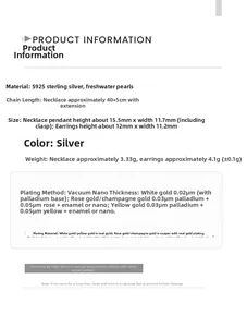 Detailed size specifications for S925 silver asymmetric necklace and pearl earrings set