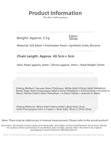 Detailed technical specifications for S925 silver freshwater pearl necklace with zirconia