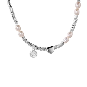 Collana in argento 925 con perle irregolari, ciondolo a cuore e pendente sorriso
