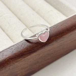 Minimalist S925 sterling silver open ring with a pink heart cat eye stone and adjustable band