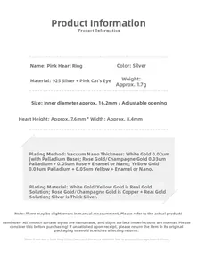 Detailed size specifications for pink cat eye heart ring in 925 sterling silver