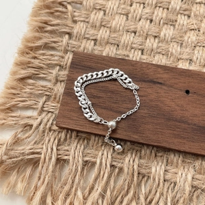 Close-up of S925 sterling silver layered chain ring with adjustable slide buckle detail