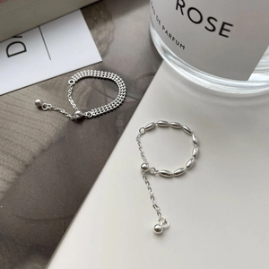 S925 Sterling silver double layer chain ring with adjustable tassels in a minimal style