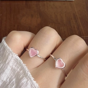 Minimalist S925 sterling silver ring featuring a pink cat eye stone heart in a sweet design