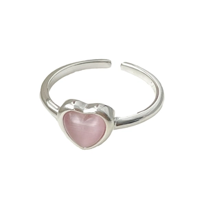 Adjustable S925 silver ring featuring a pink heart cat-eye stone in a minimalist design