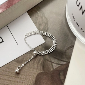 Detail of S925 sterling silver triple-layer bead chain bracelet with adjustable slider clasp