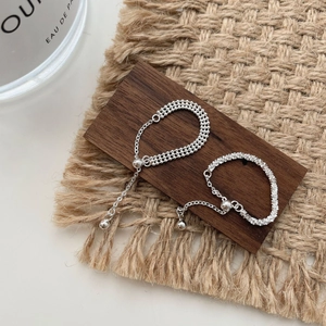 Elegant S925 sterling silver double layer adjustable chain ring on a rustic wooden background