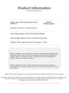 Detailed specification chart for 925 silver pearl necklace showing sizes and materials