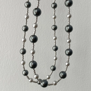 Multi-layer gradient Tahitian grey pearl necklace with silver textured spacer beads