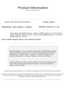 Detailed specifications table of S925 silver blue teardrop pendant necklace with size info