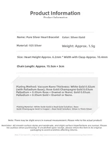 Detailed size chart of a 925 sterling silver heart bracelet with adjustable chain length