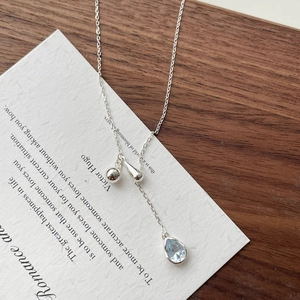 Elegant S925 silver necklace with blue teardrop zircon pendant on minimalist Y-shape chain