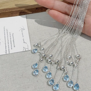 S925 silver necklace with blue teardrop zircon pendant and adjustable pull-chain