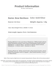 Detailed specifications for 925 sterling silver bow necklace with dimensions and weight