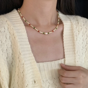 Handmade beaded choker with freshwater pearls and vintage red and green beads for women