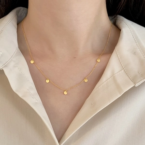 Minimalist 925 sterling silver gold round pendant necklace worn on neck by model