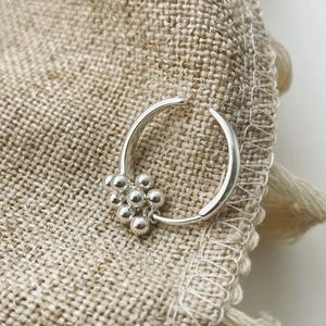 Minimalist S925 sterling silver grape cluster open ring with polished metal beads on linen