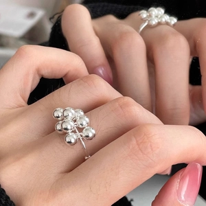 S925 Sterling Silver Grape Cluster Open Ring with adjustable minimalist ball cluster design